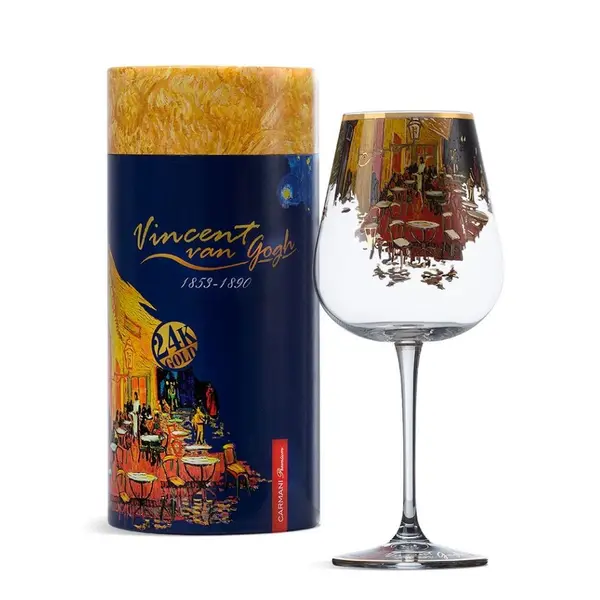 VAN GOGH WINE GLASS WITH 24K GOLD - CAFE TERRACE AT NIGHT-0